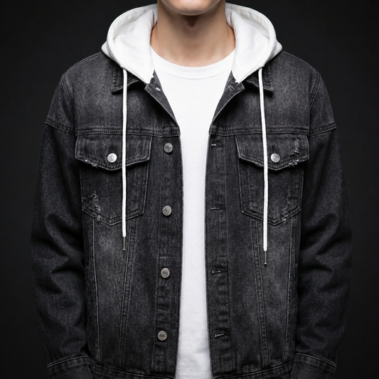 Spunk Classic Washed Denim Hoodie - Charcoal Black - on model
