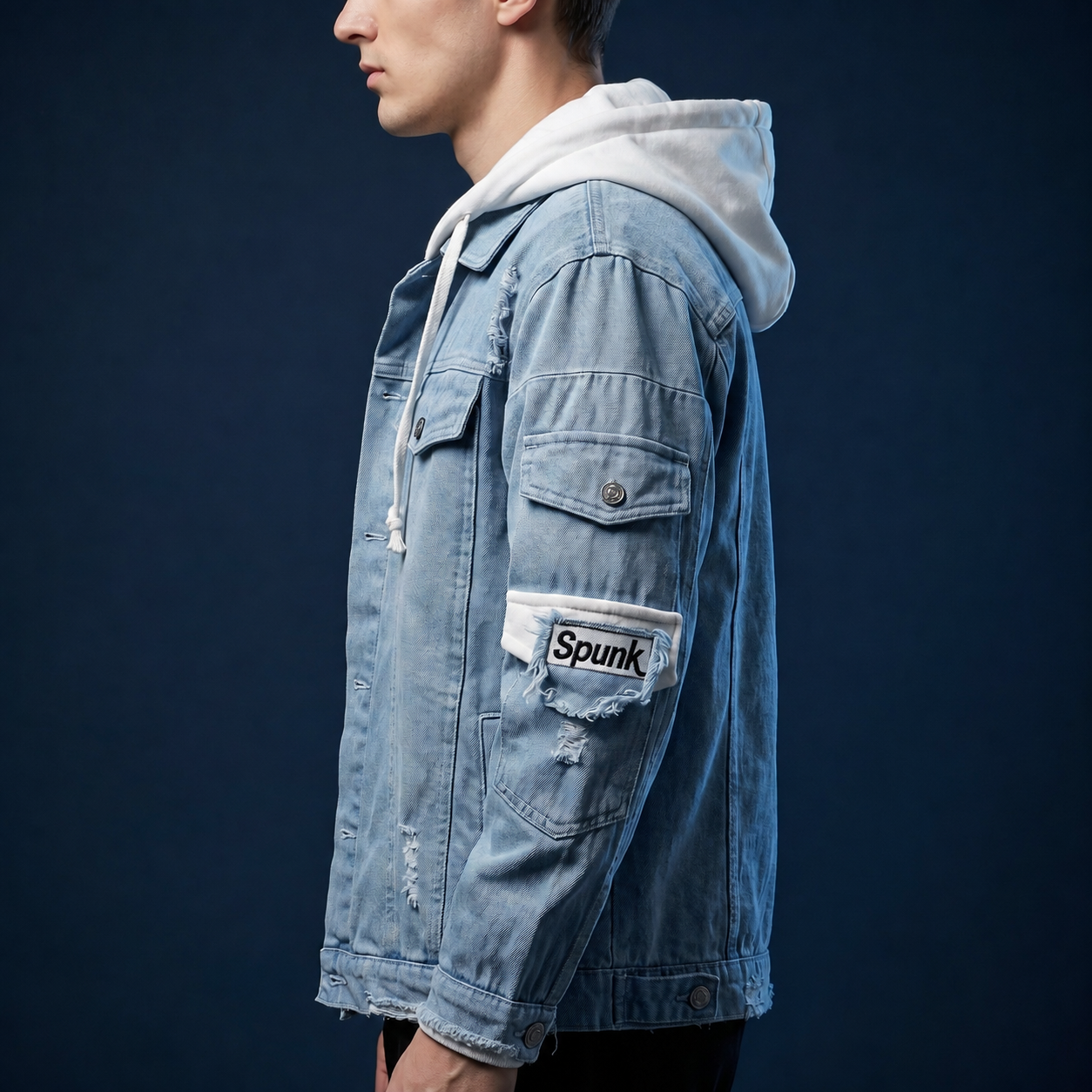 Spunk Classic Washed Denim Hoodie - Light Blue - side profile