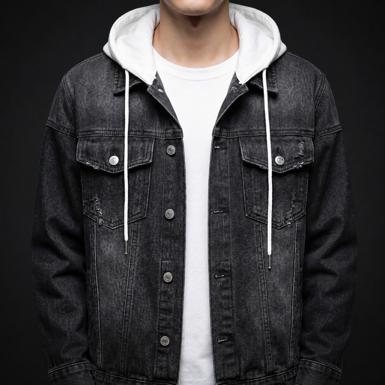 Spunk Classic Washed Denim Hoodie - Charcoal Black - on model